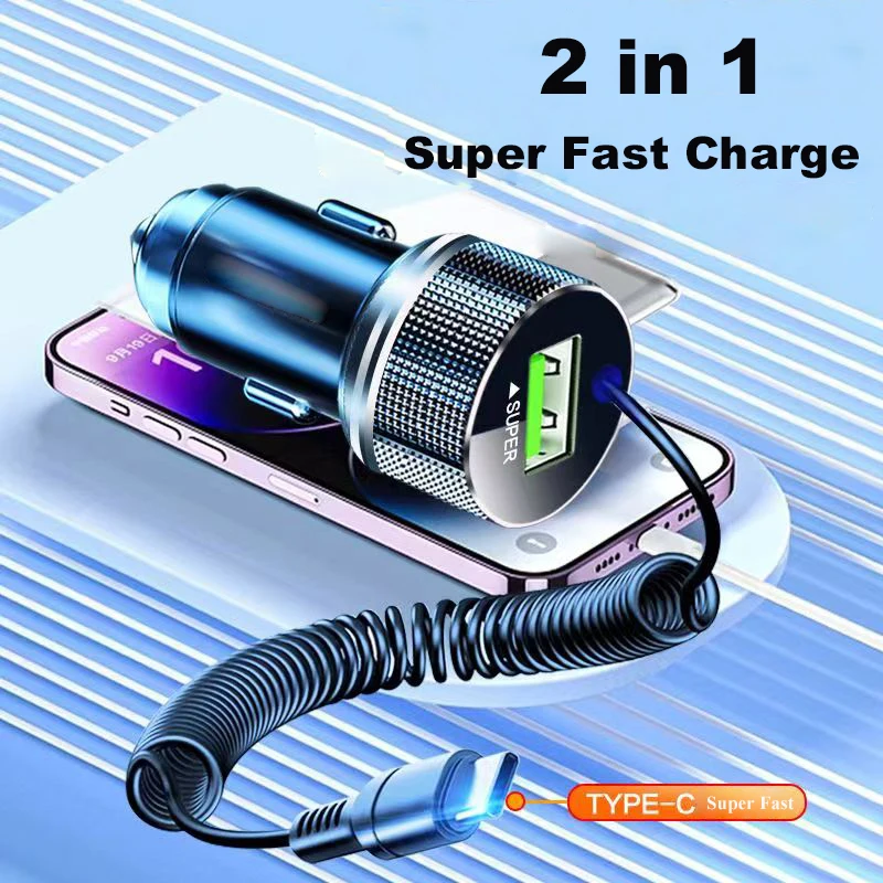 Cargador de coche USB de Metal EDEBA con Cable tipo C 12V adaptador de vehículo de carga súper rápida 2 en 1 para iPhone Samsung Huawei VIVO OPPO