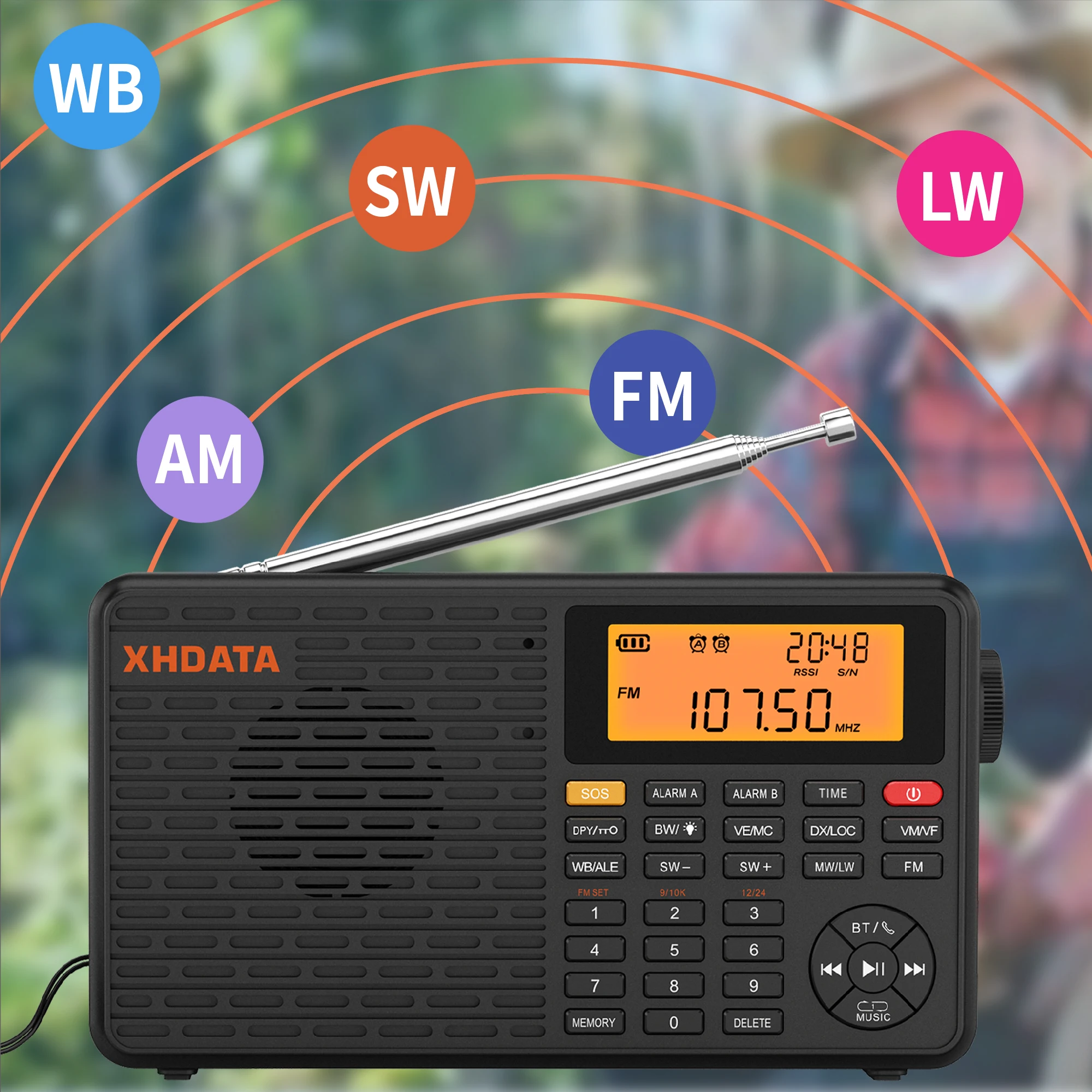 XHDATA D109WB Radio Portátil AM FM Estéreo SW MW LW con Reloj Despertador Digital, Batería Recargable, USB-C y Pronóstico del Tiempo