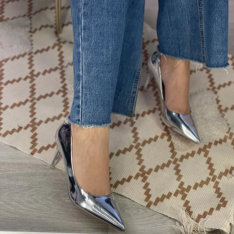 Zapatos de tacón de charol para mujer, tacones altos de 7,5 cm y 10,5 cm, tacones bajos de aguja para mujer, zapatos brillantes plateados y dorados para boda y novia