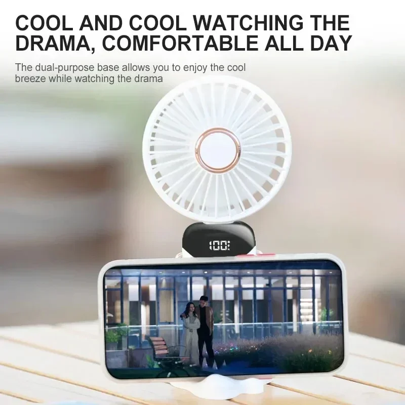 Mini ventilador portátil de mano, ventiladores plegables para colgar en el cuello, ventilador recargable por USB de 5 velocidades con soporte para teléfono y pantalla de visualización de 1800mAh
