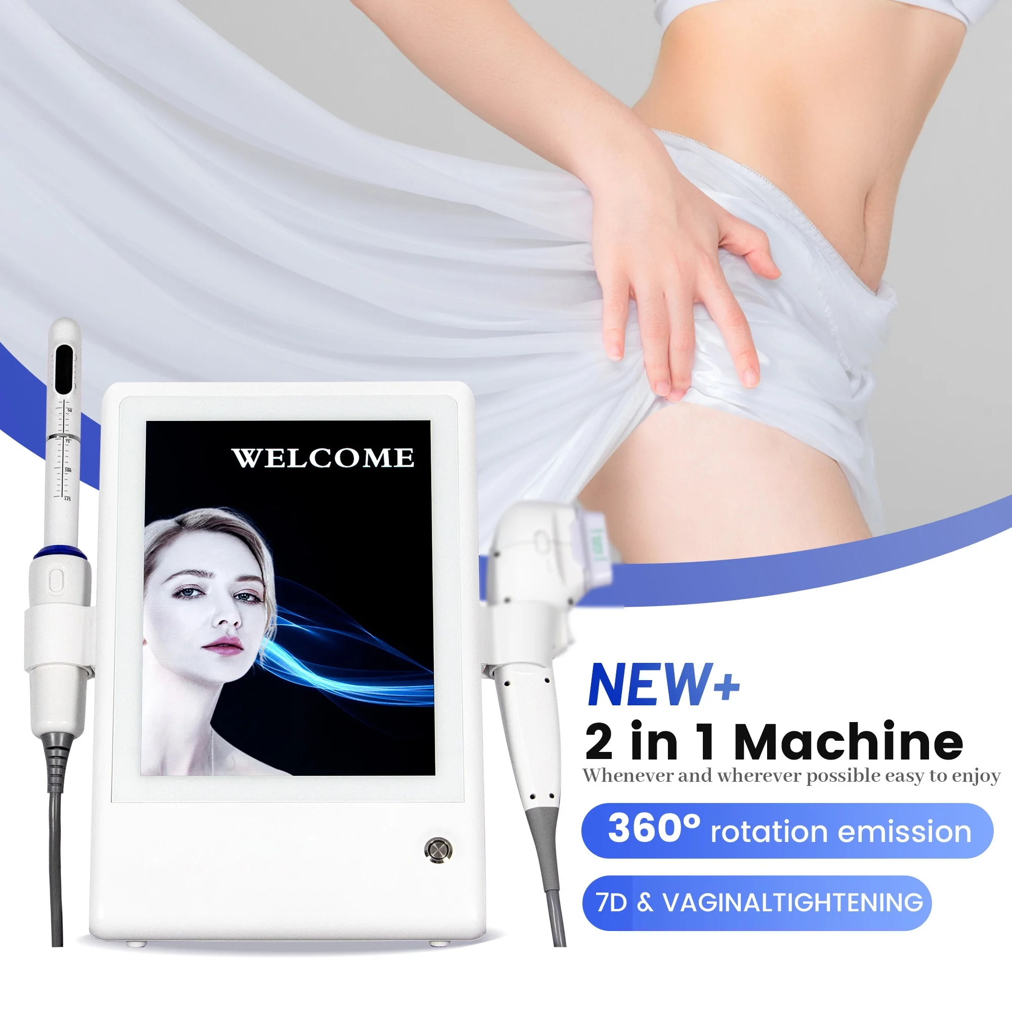 La máquina 7D HIFU 2 en 1 más popular para lifting facial, estiramiento de la piel y tensado vaginal para uso en salones de belleza.