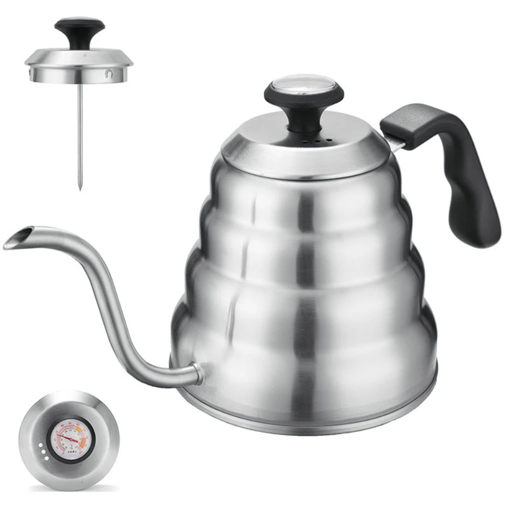 Tetera de café de acero inoxidable de 1L/1,2 L, tetera de goteo con termómetro para cafetería de oficina en casa