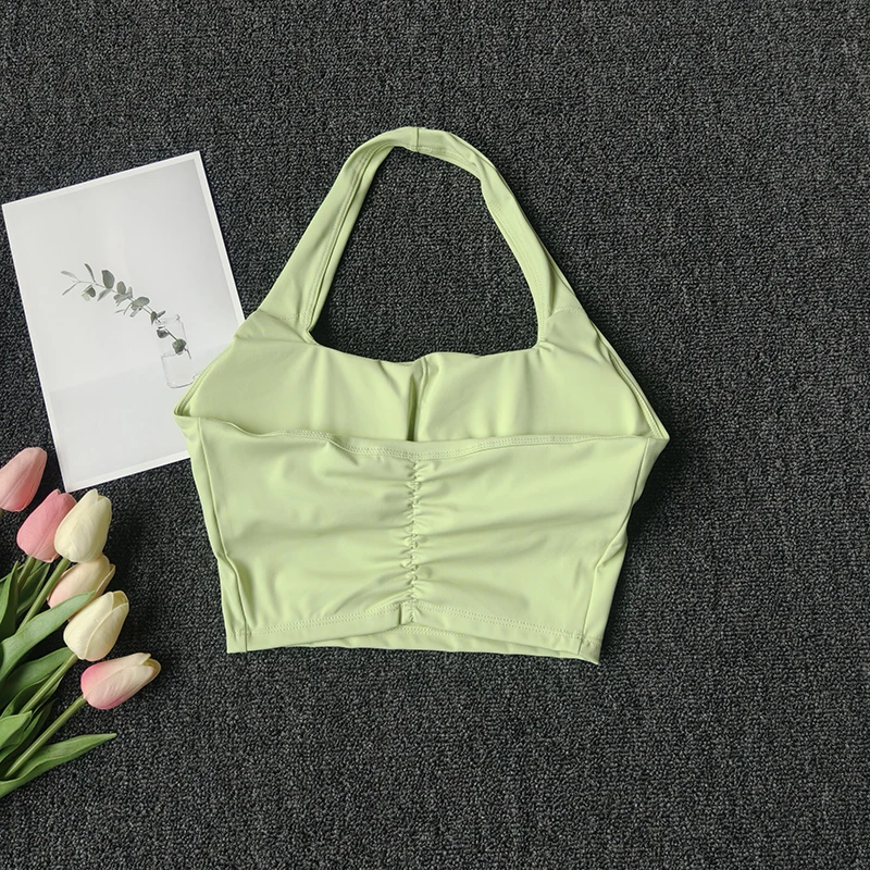 Chaleco deportivo con cuello Halter, almohadillas para el pecho, reunión a prueba de golpes, Top de Yoga para Fitness de secado rápido, parte de atrás bonita, ropa interior para mujer