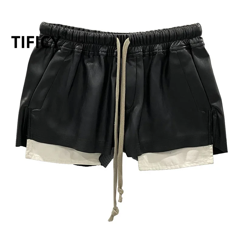 Pantalones cortos cómodos con cuatro bolsillos en las esquinas de cuero PU básico a la moda para mujer nuevos pantalones cortos negros versátiles