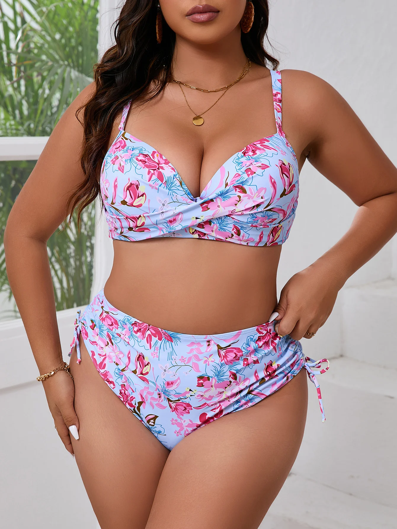 Traje de Baño Bikini de Talla Grande 2026, Cintura Alta, Estampado Floral, para Mujer, Ropa de Baño Femenina, Traje de Baño para Nadar, Ropa de Playa de Verano