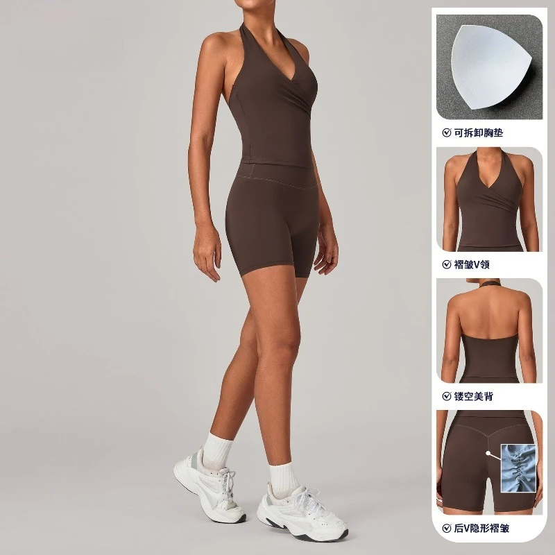 Conjuntos de Yoga para entrenamiento de gimnasio para mujer, camiseta sin mangas con cuello Halter, diseño de pecho Sexy con cuello en V, pantalones cortos para correr y levantar la cadera, trajes deportivos