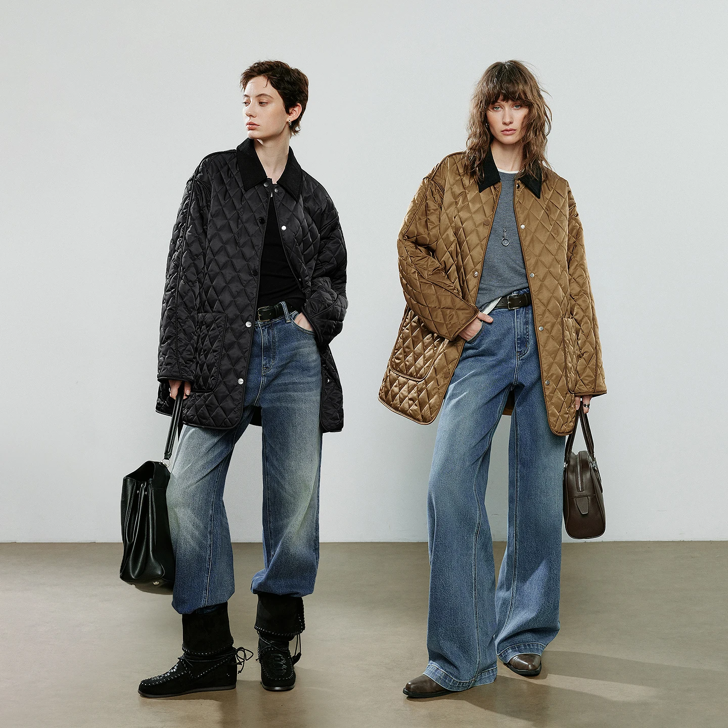 TOYOUTH Chaqueta de algodón para mujer 2025 invierno nuevo de lujo Retro diamante rejilla ropa de trabajo bolsillo grande chaqueta de longitud media marrón