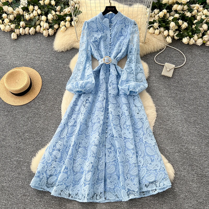 Vestido Largo de Encaje Elegante de Alta Gama para Mujer, Estilo Francés con Flores y Cierre de un Solo Botón, Ideal para Fiestas de Cumpleaños, Primavera/Otoño, S89