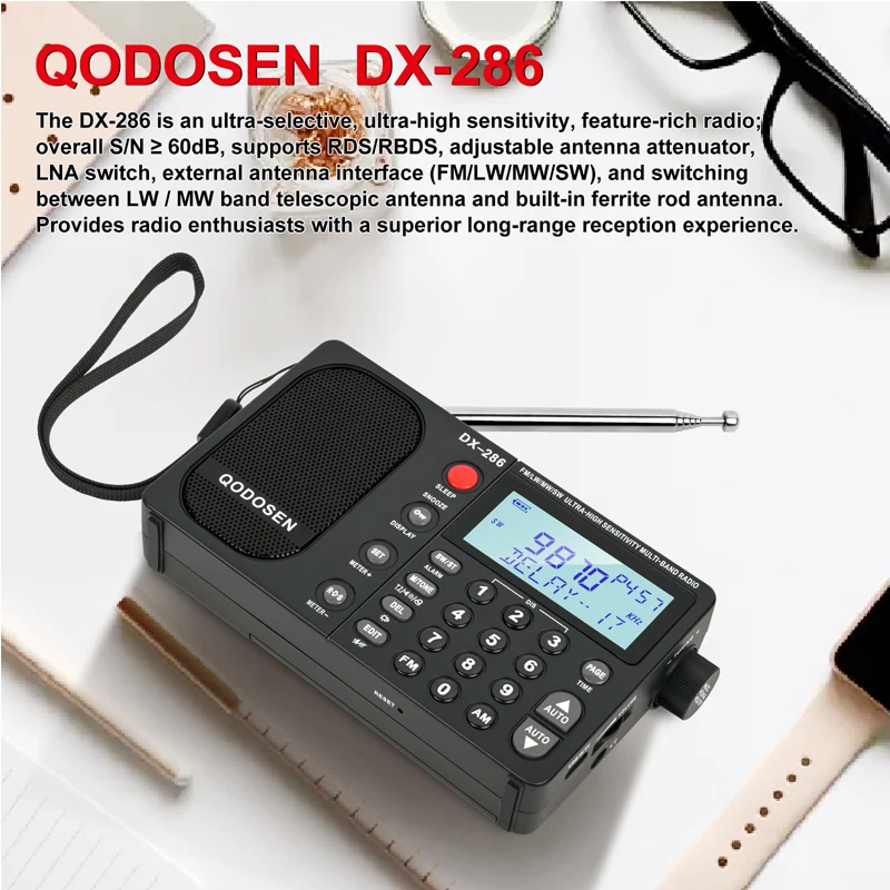 Radio portátil QODOSEN DX-286 AM/FM/LW/SW, radio digital de banda completa mundial con chip para automóvil TEF6686 (con batería)