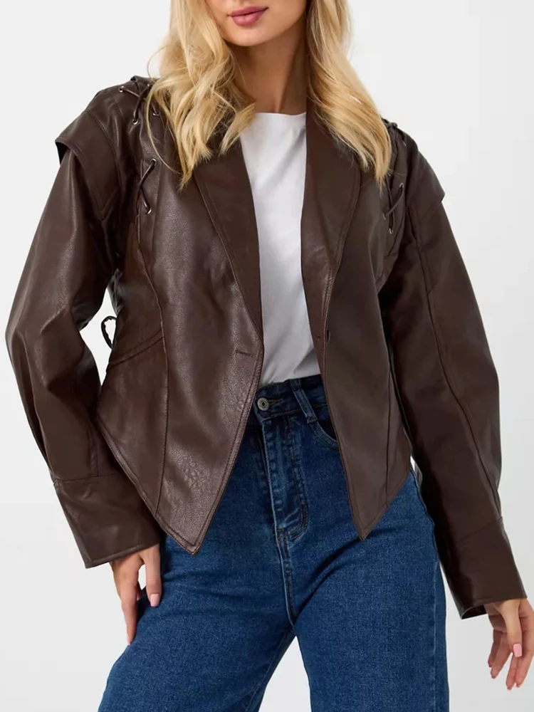 Ailegogo primavera otoño mujer Vintage ropa de calle cinturón suelto un solo botón manga larga chaqueta de piel sintética prendas de vestir