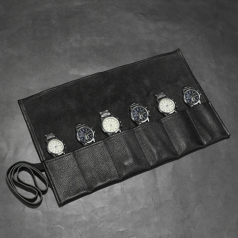 Wesleco-estuche de cuero genuino para reloj, organizador portátil de viaje, almacenamiento de relojes, bolsa de exhibición, 6 ranuras