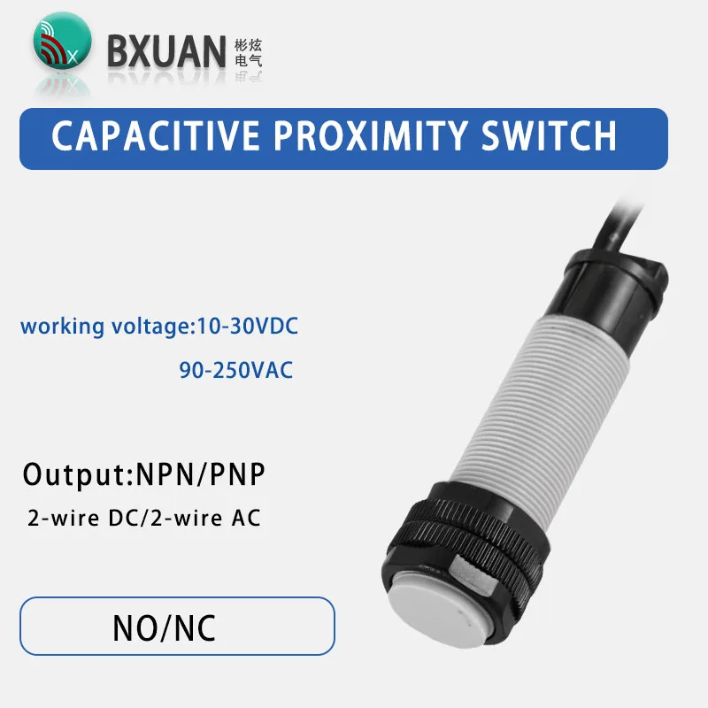 Sensor de Proximidad Capacitivo M18 de Entrega Rápida, Sensor Capacitivo de 3 Cables CC 12-24VDC/CA 100-240VAC, Salida de Tres Cables NPN PNP NO NC