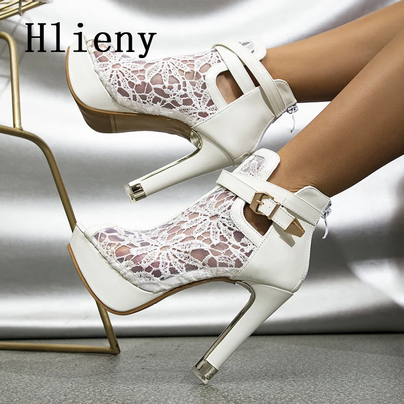 Hlieny-Botas de plataforma de tela de malla para mujer, zapatos de tacón alto con punta abierta, Stilettos para fiesta en club nocturno, Sexy, otoño