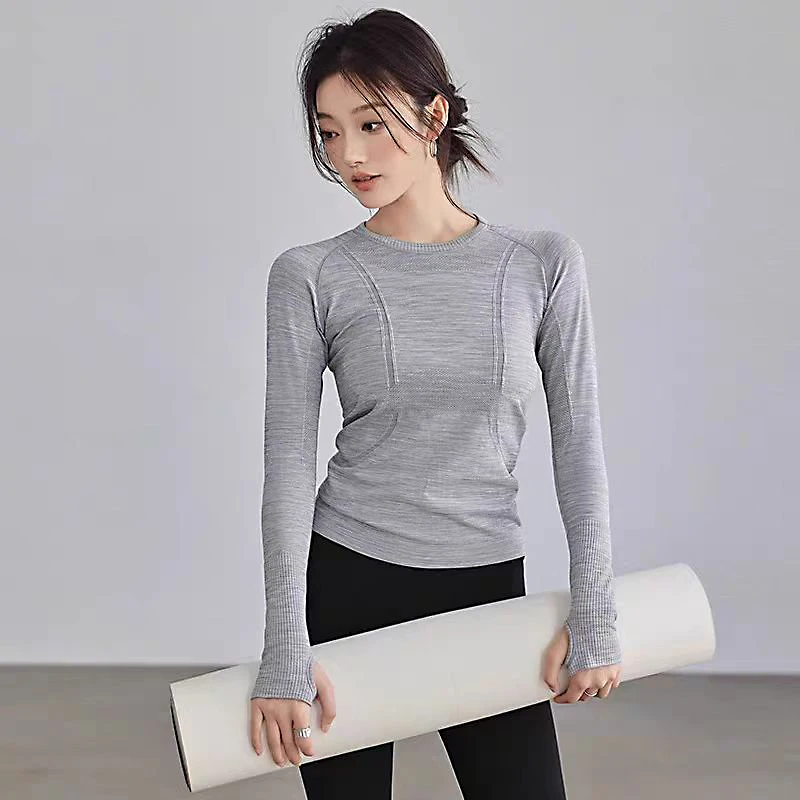 Ropa de yoga para mujer, tops deportivos, cuello redondo, sin costuras, ajustados, camiseta para correr, fitness, entrenamiento, manga larga, camiseta de gimnasio, invierno
