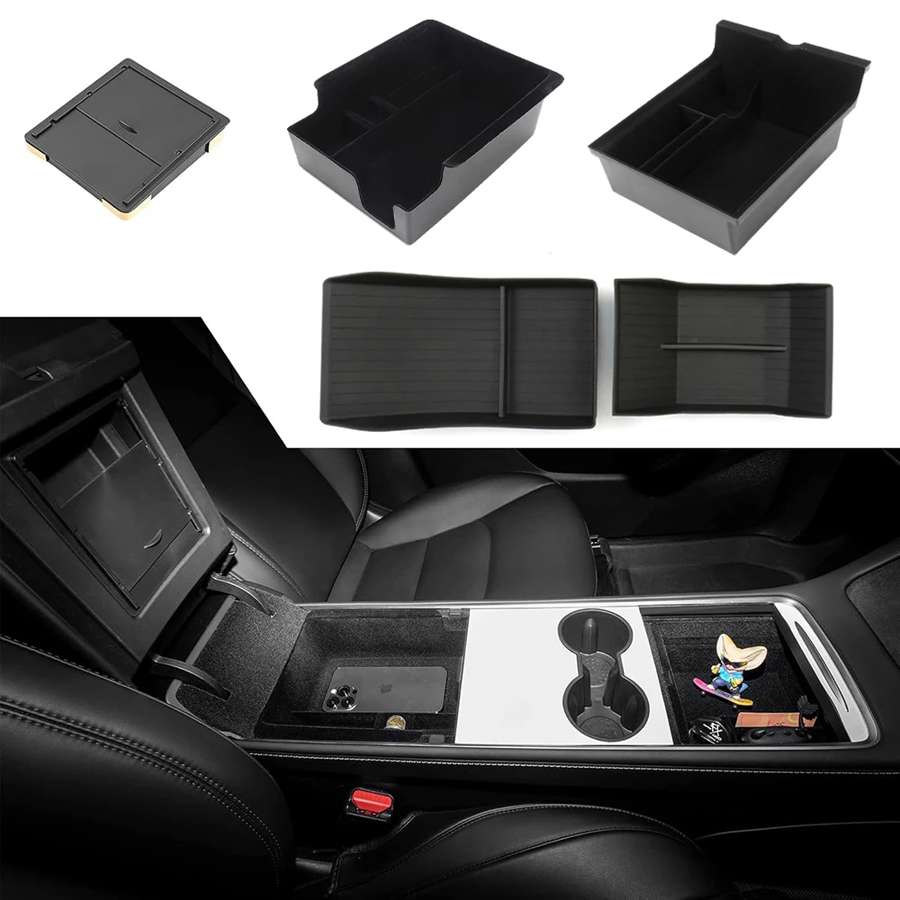 Para Tesla Model 3 Highland Model Y 2020- 2024 consola Central flocado ABS bandeja organizador apoyabrazos Central caja de almacenamiento inferior