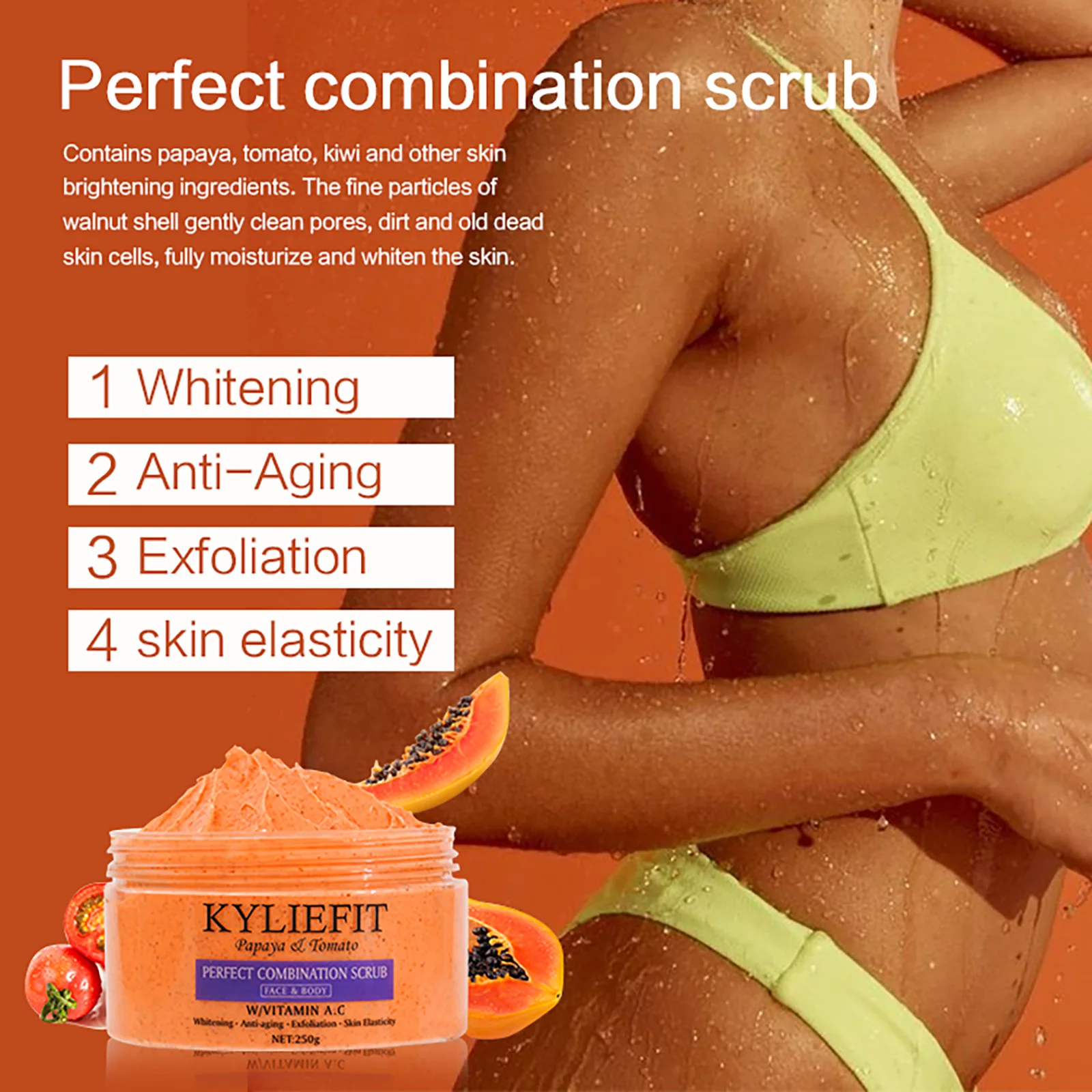Exfoliante Corporal y Facial de Sal Natural KYLIEFIT, Aclarante, Hidratante, Elimina Manchas Oscuras, Acné, Manchas, Arrugas, 250g