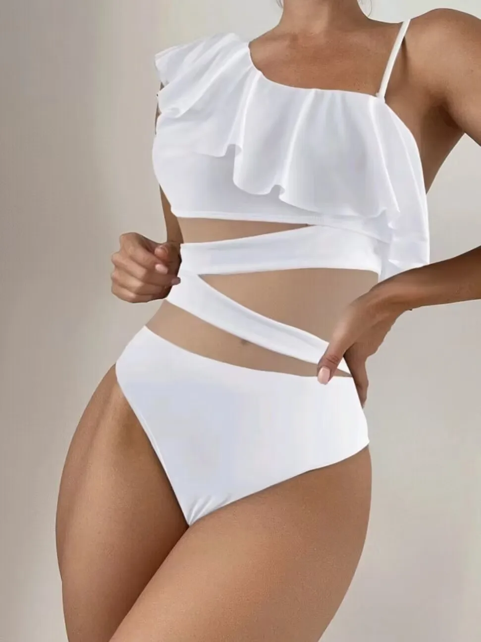 Traje de Baño de Una Pieza con Volantes y Malla en Contraste para Mujer 2026 - Bodysuit Deportivo para Natación y Playa