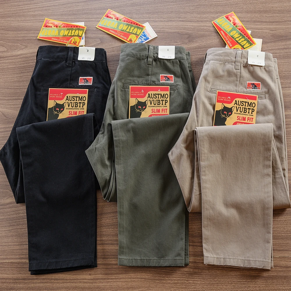 2025 primavera otoño nuevos pantalones de conducción tejidos de sarga Retro americano pantalones casuales rectos Chino lavados de algodón 100% simples para hombres