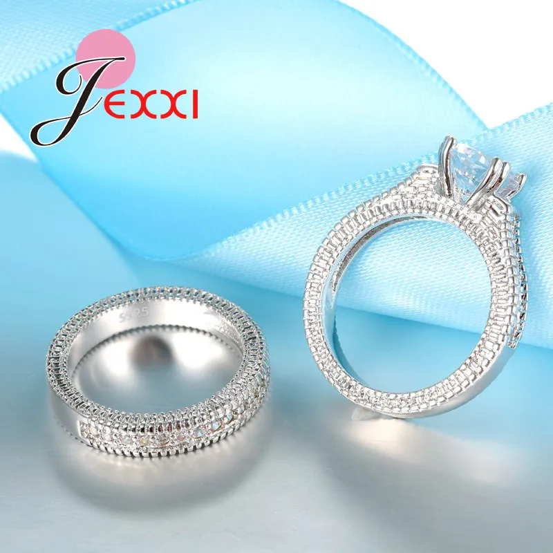 Conjunto de anillos elegantes de Plata de Ley 925 para mujer, 2 uds., pavimentado, cristales brillantes de alta calidad, joyería de boda para novia