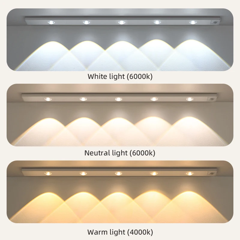 Luz LED blanca/negra para armario, luz LED con Sensor de movimiento recargable por USB para iluminación de armario de cocina, 20CM/30CM/40CM/50CM