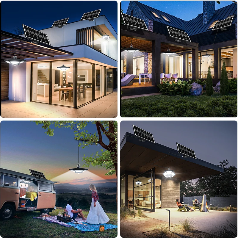 Lámpara Solar Colgante para Interiores y Exteriores, Luz con Mando a Distancia, Sensor de Movimiento, Foco para Garaje, Patio, Almacén, 180 Ledes, 5 Modos de Iluminación
