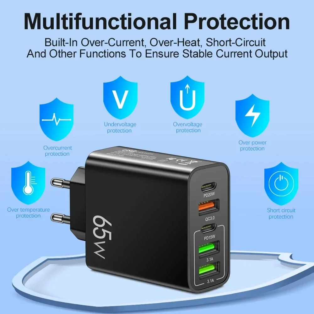 Cargador USB C de 65W y 5 puertos, cargador de teléfono de carga rápida, adaptador de corriente para iPhone, Samsung, Xiaomi, tipo C, cargador de pared de carga rápida