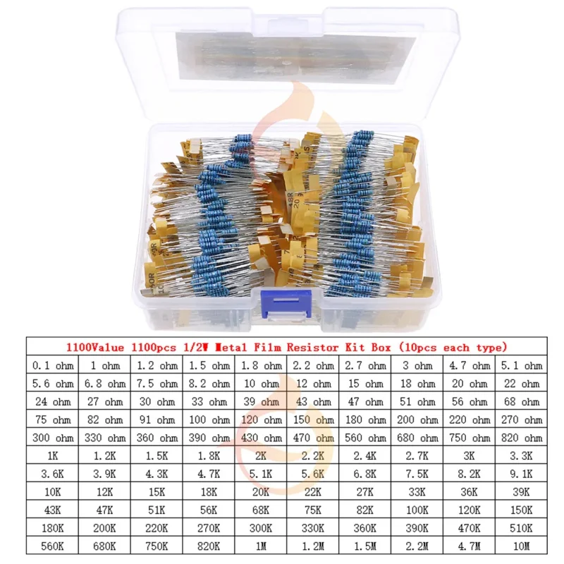 1100 Uds 110 valores x 10 Uds 0,5 W 0.1ohm -10M 1/2W kit surtido de resistencias de película metálica paquete