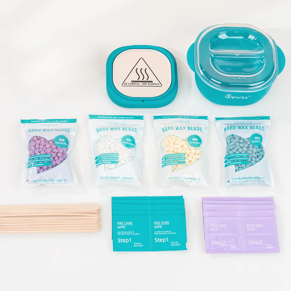 WEWAX Kit Calentador de Cera de Silicona Plegable de 35 Piezas con Enchufe Estadounidense, Granos de Cera Dura, Leche, Miel, Lavanda, Aloe Vera para Depilación Corporal Completa