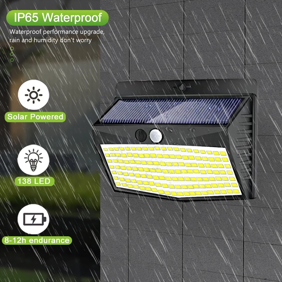 Lámpara Solar LED de 138 LED para Exteriores, Lámpara de Pared Solar con Sensor de Movimiento Humano, 3 Modos, Impermeable, Decoración de Jardín, Luces de Calle, Alimentada por Energía Solar