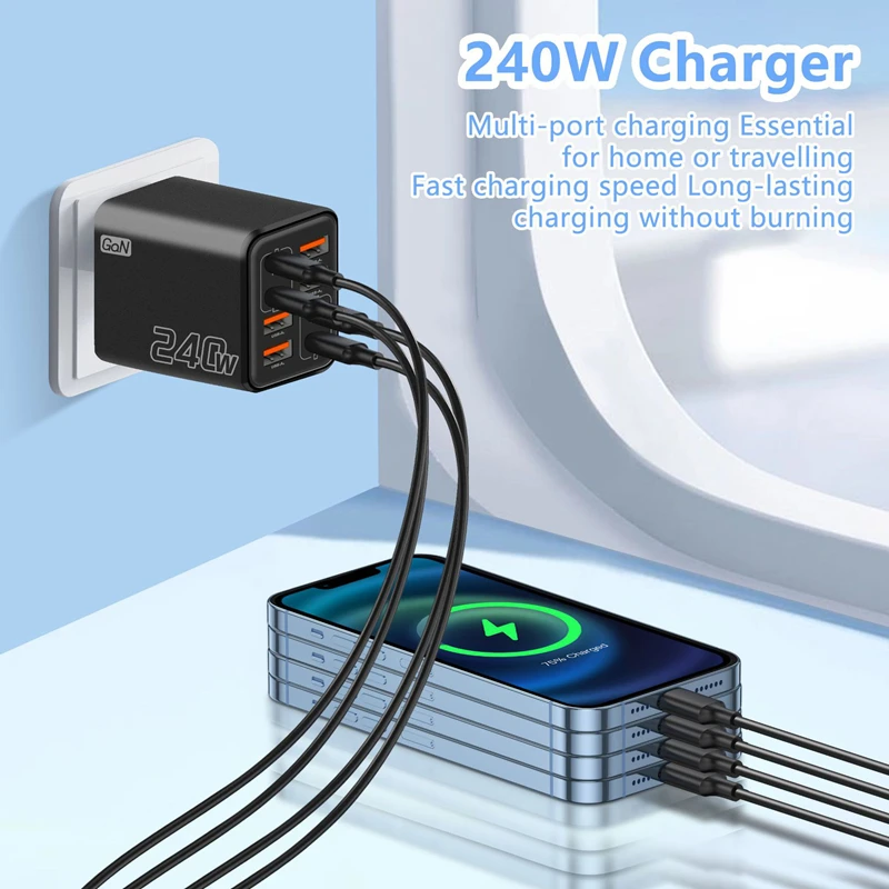 Cargador Multi-Puerto Lenovo 2026 de 240W, Carga Súper Rápida para Smartphone, 4 Puertos USB y 4 Tipo-C, Adaptador para UE, EE. UU. y Reino Unido