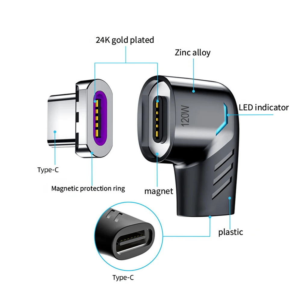 Elough 120W USB tipo C a USB C adaptador magnético 90 grados convertidor magnético de carga rápida para Macbook iPad Pro Switch Samsung