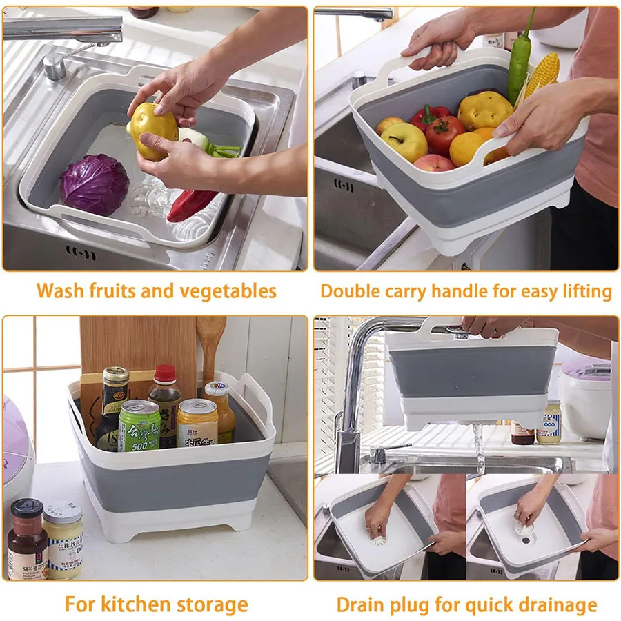 Lavabo de verduras de plástico plegable de 9 litros con tapón de drenaje para almacenamiento de platos, lavado de frutas y verduras, cubo frío