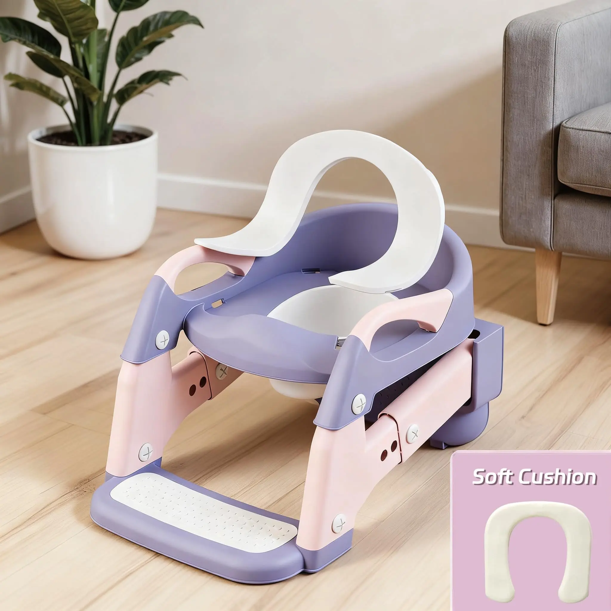 Asiento de inodoro 2 en 1 para niños pequeños con escalera – Asiento de entrenamiento para ir al baño ajustable con escalones y almohadillas antideslizantes, plegable para niños y niñas, entrenador de inodoro para baño (Gris Verde Morado)