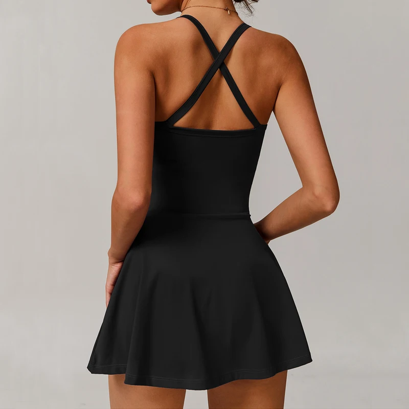VITALINOVO Vestido de tenis para mujer con pantalones cortos debajo del vestido de entrenamiento con sujetador incorporado Vestidos deportivos con cuello en V profundo Vestido de golf