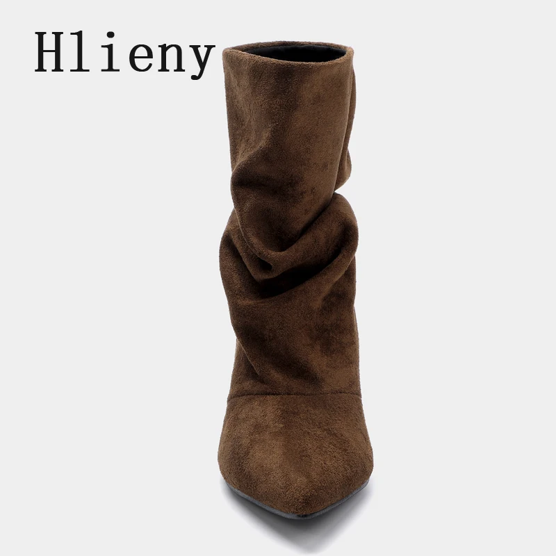 Liyke, zapatos de invierno de gamuza plisada para mujer, punta puntiaguda, tacones bajos y finos, botines de diseñador elegantes Retro para mujer, color marrón, Bottes Femme
