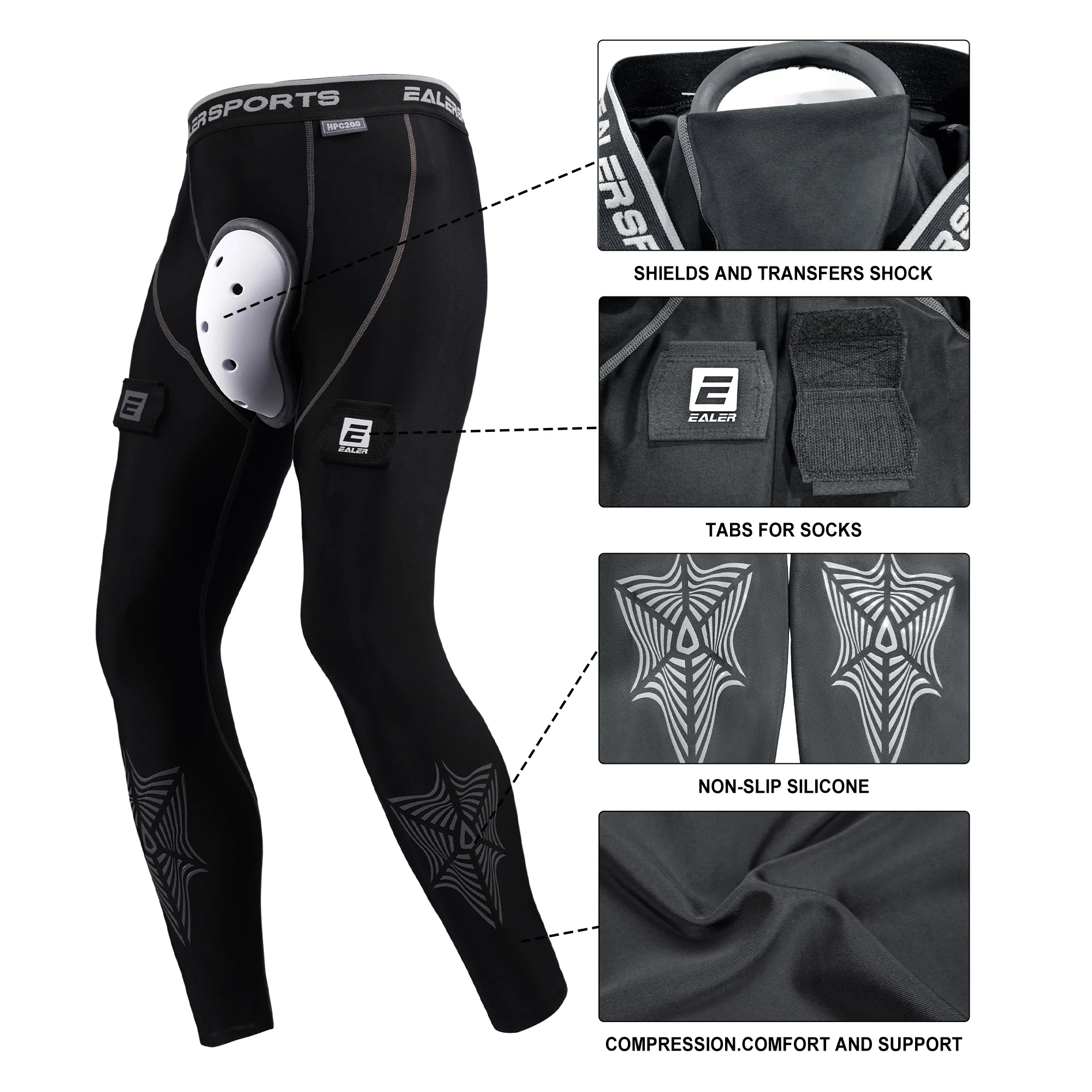 Han Duck Pantalones de hockey de compresión con copa atlética y pestañas de calcetines, deportista de hockey para hombres y niños - Senior y Junior - Adulto y juvenil