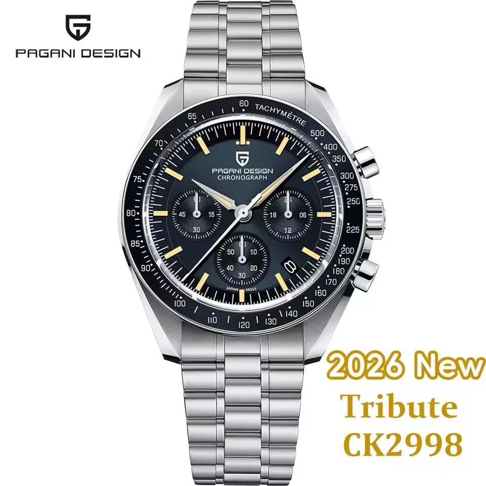 PAGANI DESIGN 2026 relojes de luna nueva para hombre, reloj de cuarzo de lujo para hombre, cronógrafo VK63 AR, espejo de zafiro, bisel de cerámica luminoso