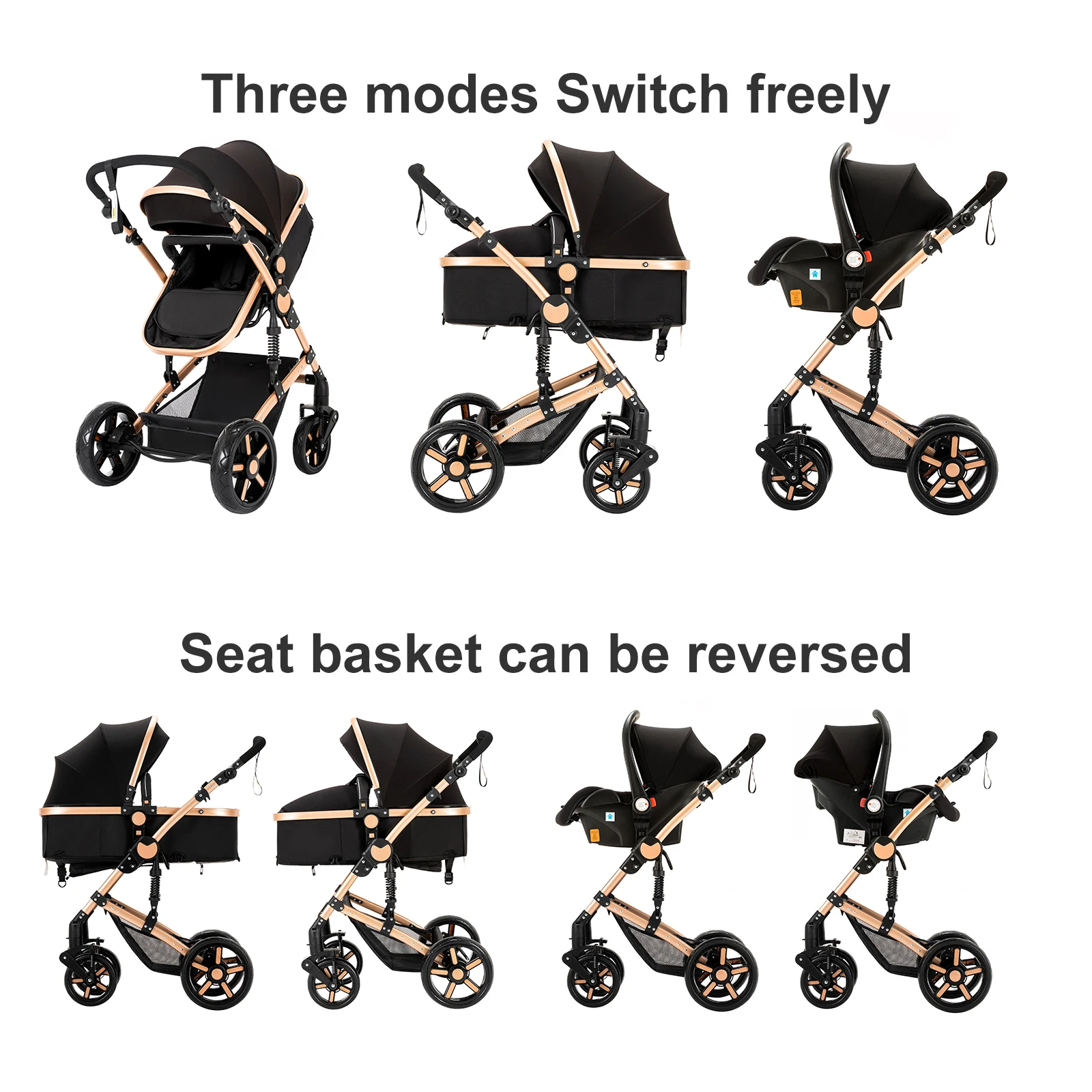 Sistema de viaje para bebé 3 en 1, cochecito y silla de paseo con asiento para automóvil, estructura ligera, plegable y compacto, posición alta, ruedas amortiguadoras, asiento reversible, respaldo de múltiples posiciones, capota extensible, protección UV, cesta de almacenamiento espaciosa.