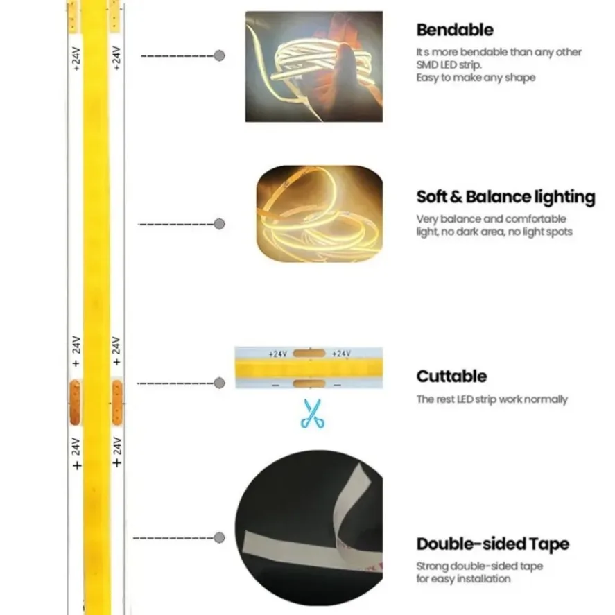 Tira de LED COB DC 12V 24V Ultrafina de 8MM con Enchufe/Cable de 2 Pines, Iluminación Lineal Regulable de Alta Densidad para Decoración