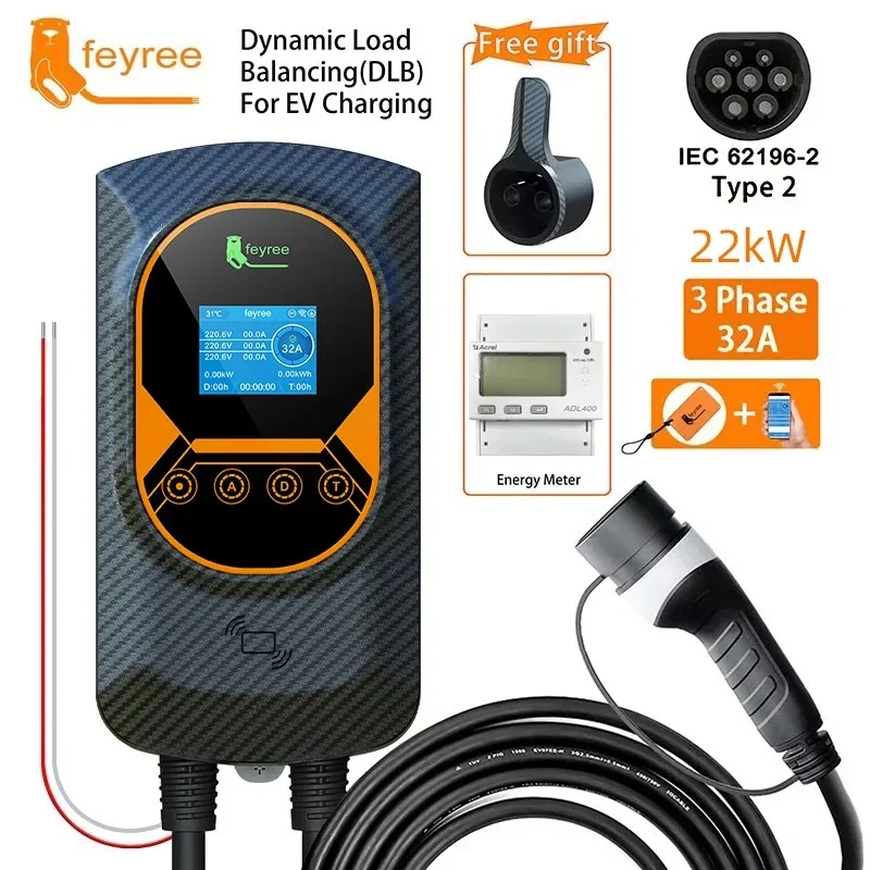 Cargador Feyree para Vehículos Eléctricos Tipo 2, Cable de 32A 7.6kW con Balanceo Dinámico de Carga, Estación de Carga EVSE con Función de Aplicación, 11kW 22kW para Autos Eléctricos