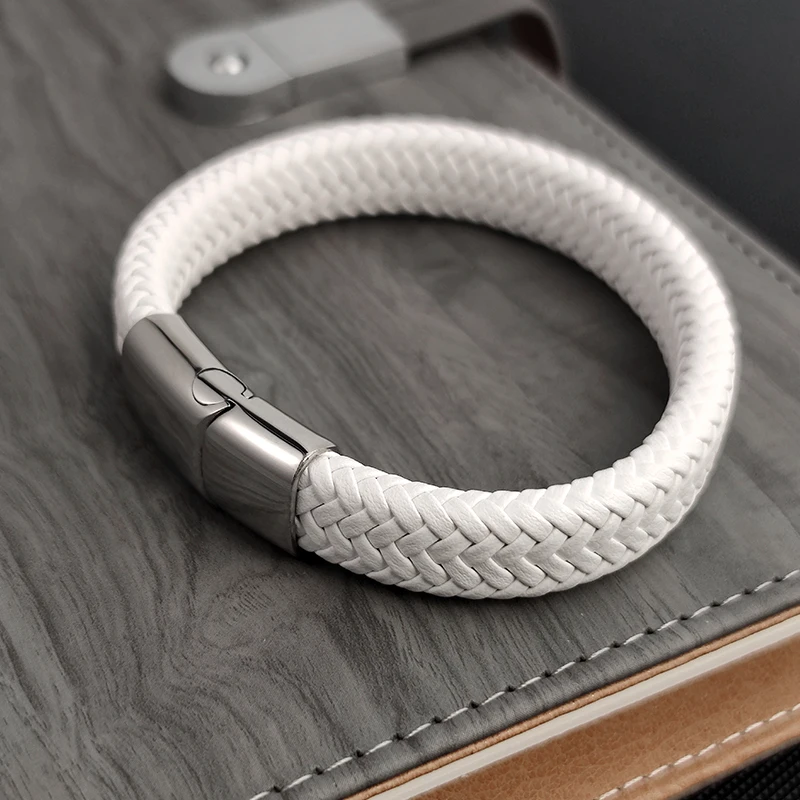 Pulsera trenzada de cuero blanco Simple a la moda, cierres de hebilla de acero inoxidable para hombres, brazalete hecho a mano, venta al por mayor, regalo de joyería