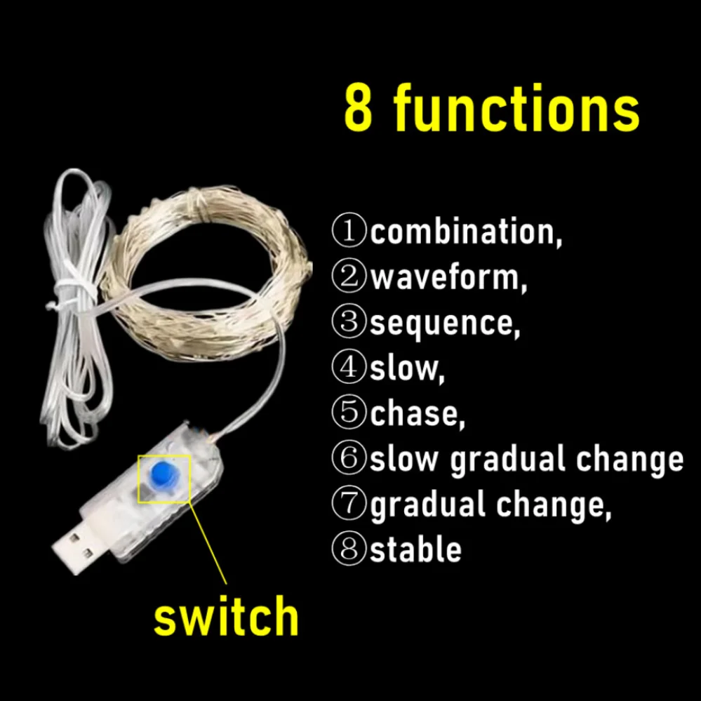 Guirnalda de luces LED con cable plateado, luces LED alimentadas por USB, guirnalda impermeable para exteriores, decoración DIY para fiestas de Navidad y bodas