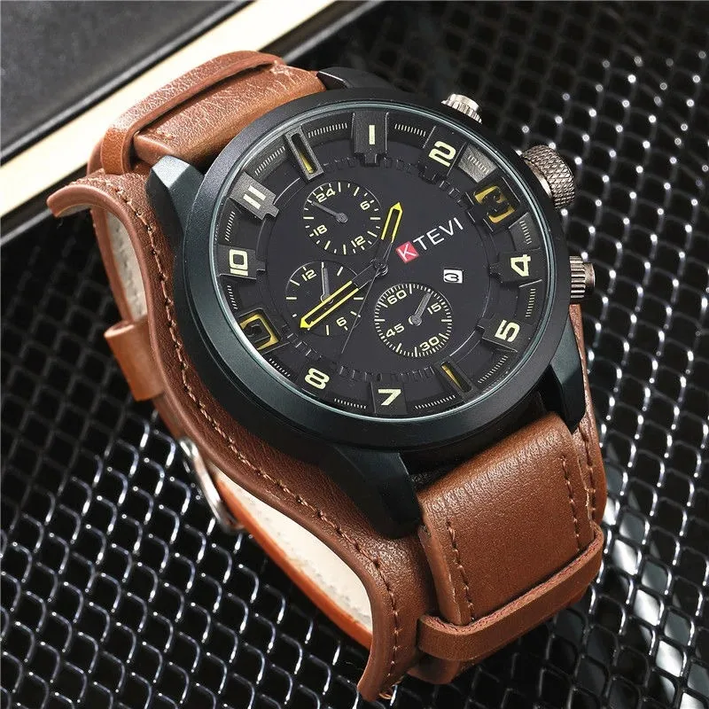 Relojes Retro para hombre, reloj de lujo de alta gama para hombre, correa de cuero PU, reloj de cuarzo para negocios con fecha, reloj de pulsera táctico militar con esfera grande