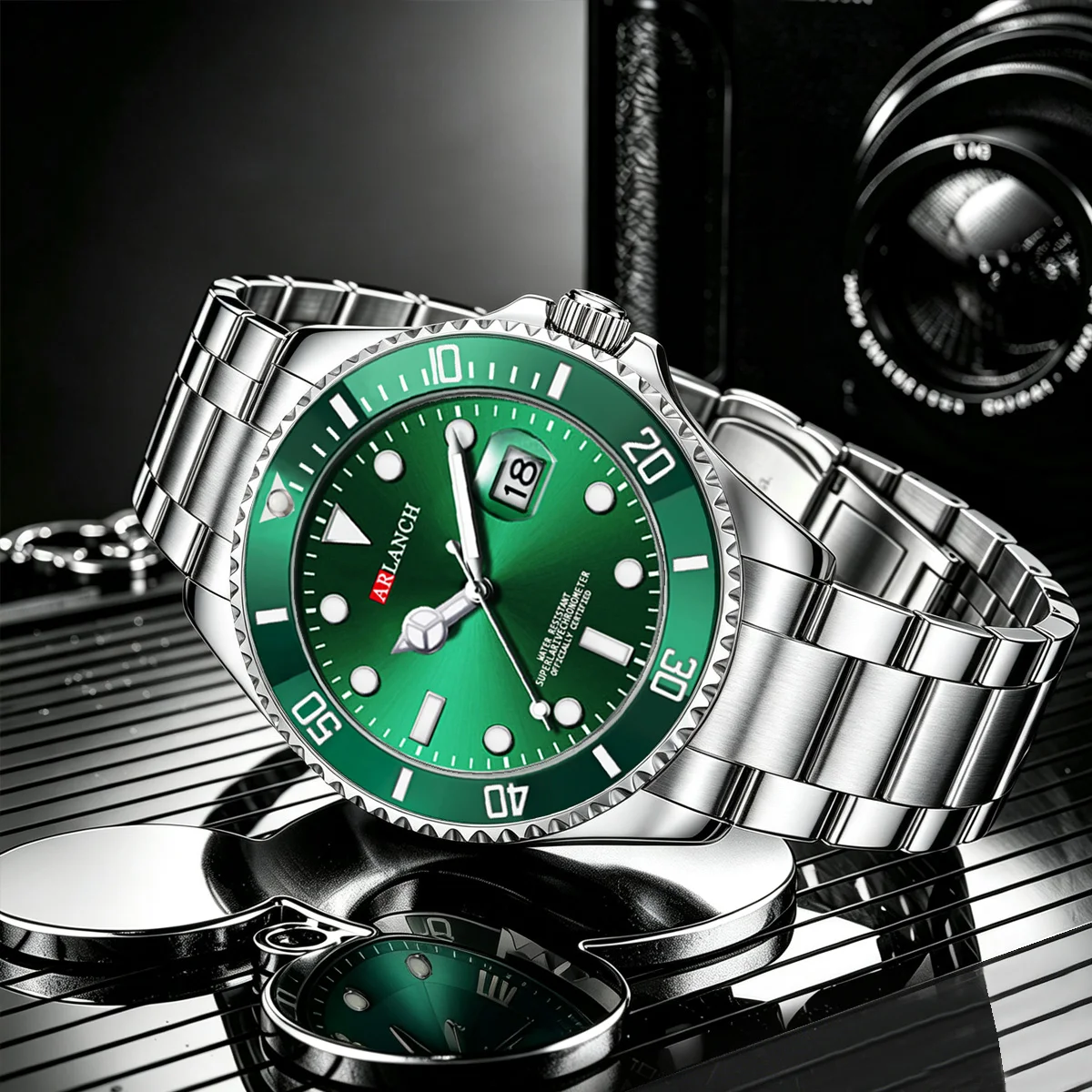 Reloj de acero inoxidable de 40 mm, estilo empresarial, serie de buceo con círculo rojo y azul, lupa, calendario, reloj de cuarzo, montre homme