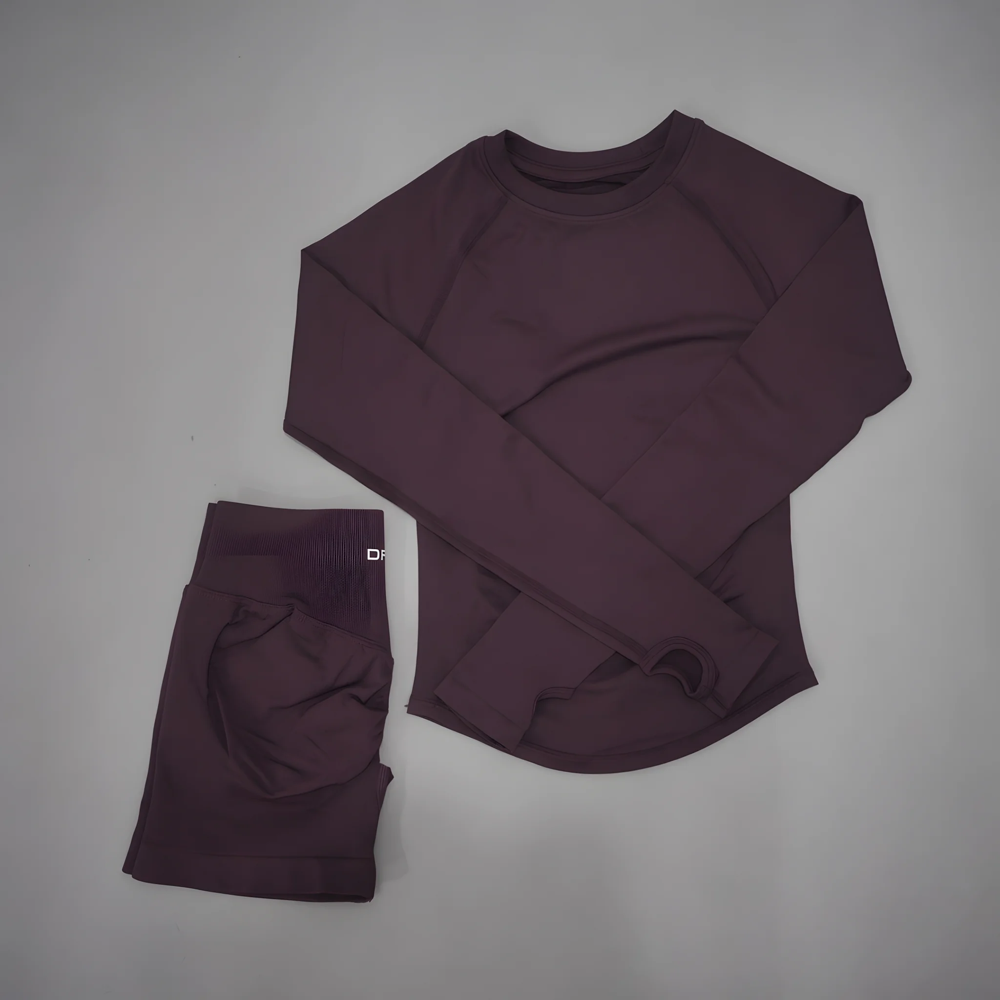 Conjunto Deportivo de 2 Piezas para Mujer Estilo DF LOGO, Tejido Sin Costuras, Top Corto de Manga Larga, Shorts Deportivos de Alta Elasticidad con Control de Abdomen, para Yoga y Entrenamiento