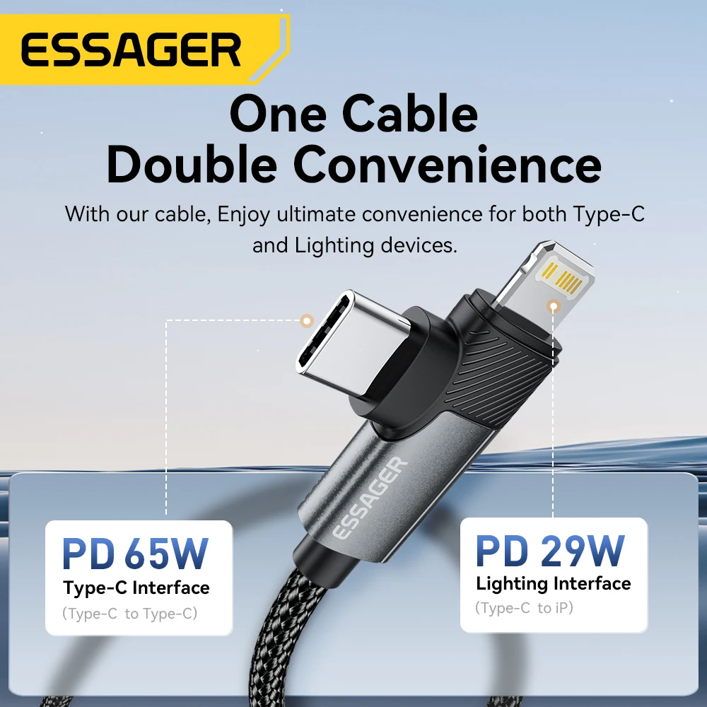 Cable USB tipo C Essager 2 en 1, Cable de carga rápida PD de 65W, Cable de tipo C a Lighting para iPhone 15, 14 Pro Max, MacBook, iPad, Xiaomi