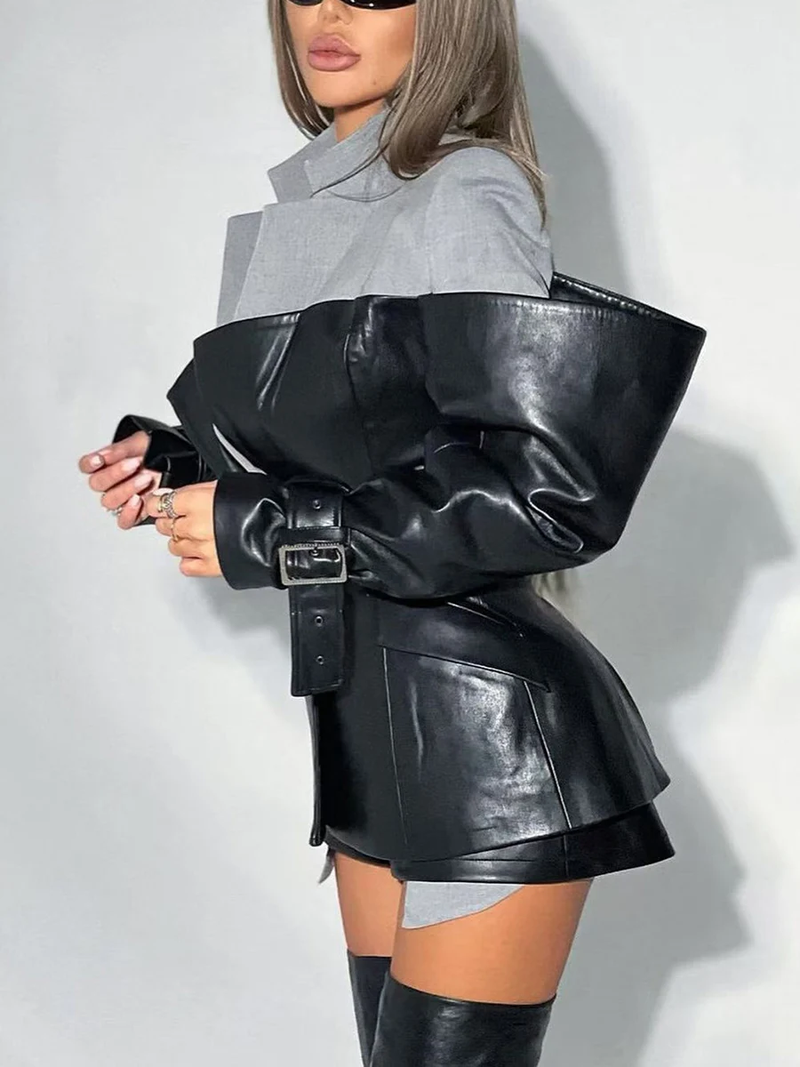 TWOTWINSTYLE, chaquetas de moda adelgazantes de colores llamativos para mujer, Túnica de manga larga con solapa, chaqueta de calle de cuero de retales para mujer