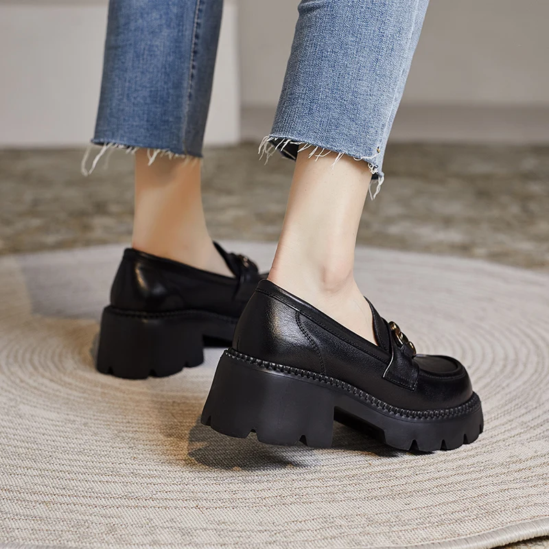 DRKANOL, mocasines de tacón grueso para mujer, zapatos de tacón sin cordones, nuevo diseño de primavera y otoño, zapatos de plataforma de tacón alto con punta redonda de cuero genuino de Metal