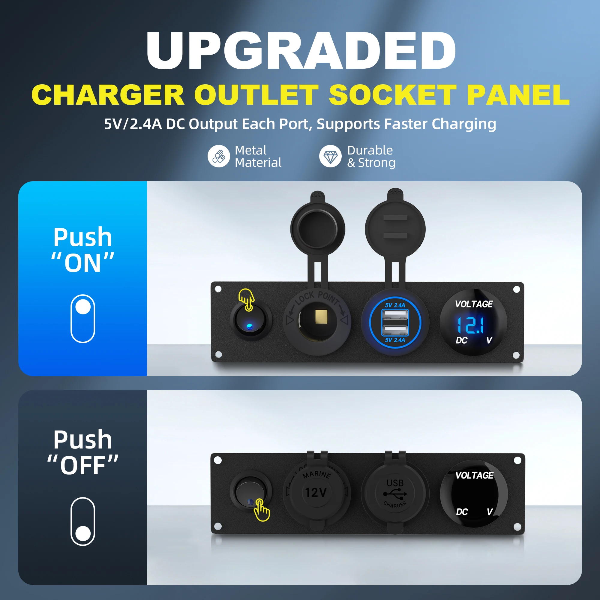 DaierTek Panel de enchufe de cargador de encendido/apagado 4 en 1, toma de corriente USB Dual, voltímetro LED, enchufe de encendedor de cigarrillos y interruptor LED