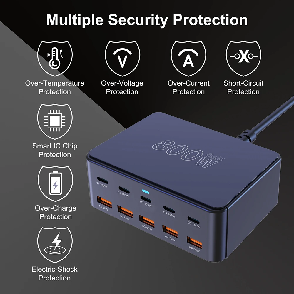Cargador GaN USB C de 800W, estación de carga rápida de 10 puertos PD3.0 PPS QC3.0 de 100W para iPhone 16/15 Samsung MacBook Pro, ordenadores portátiles y tabletas